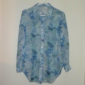 Blue Floral & Grey Sheer Long Sleeve Top - Misses Small